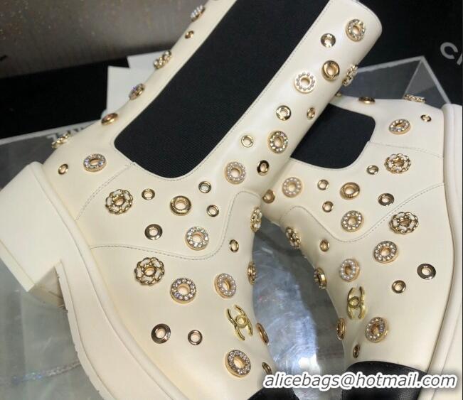 Grade Quality Chanel Calfskin Ankle Boots with Charm Allover White 092113