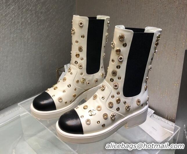 Grade Quality Chanel Calfskin Ankle Boots with Charm Allover White 092113