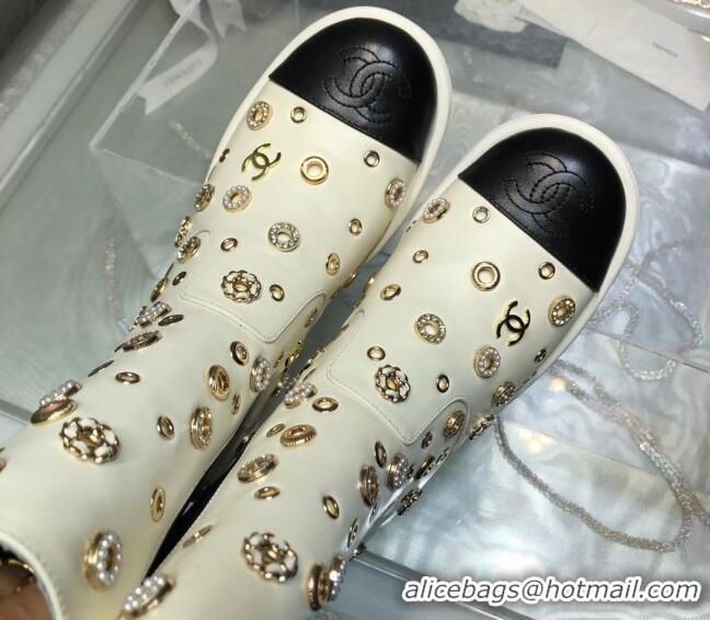 Grade Quality Chanel Calfskin Ankle Boots with Charm Allover White 092113