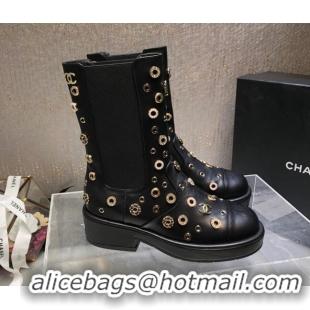 Best Grade Chanel Calfskin Ankle Boots with Charm Allover Black 092114