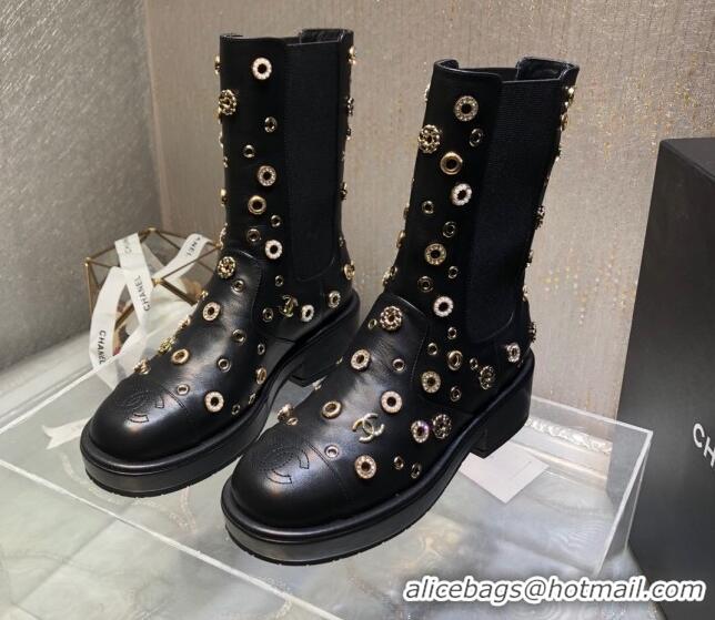 Best Grade Chanel Calfskin Ankle Boots with Charm Allover Black 092114