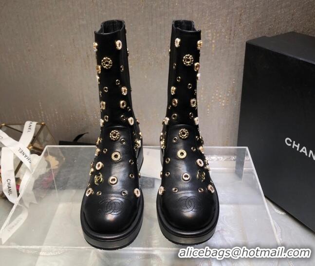 Best Grade Chanel Calfskin Ankle Boots with Charm Allover Black 092114