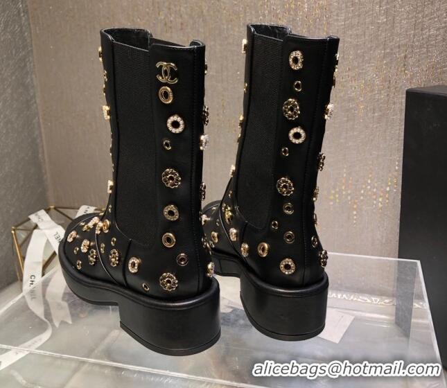 Best Grade Chanel Calfskin Ankle Boots with Charm Allover Black 092114