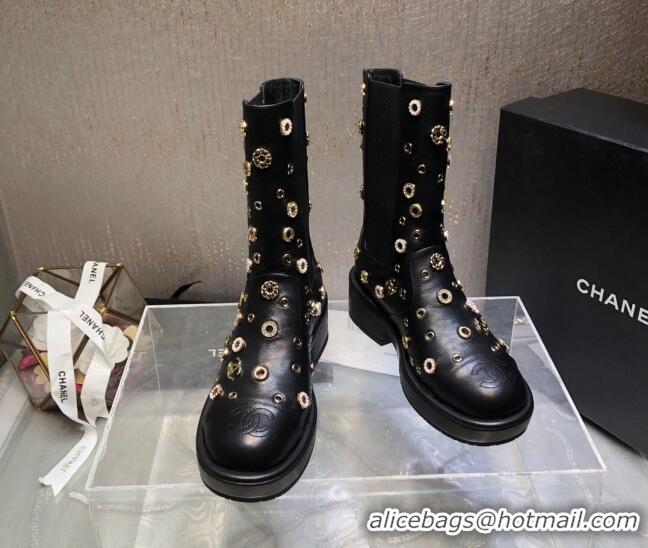 Best Grade Chanel Calfskin Ankle Boots with Charm Allover Black 092114