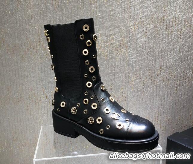 Best Grade Chanel Calfskin Ankle Boots with Charm Allover Black 092114