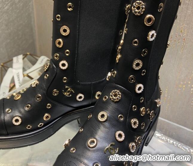 Best Grade Chanel Calfskin Ankle Boots with Charm Allover Black 092114