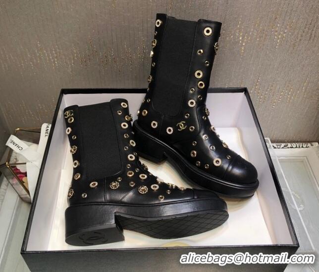 Best Grade Chanel Calfskin Ankle Boots with Charm Allover Black 092114