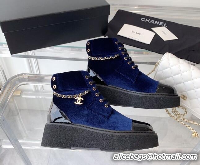 Good Looking Chanel Velvet Platform Lace-ups G39332 Blue