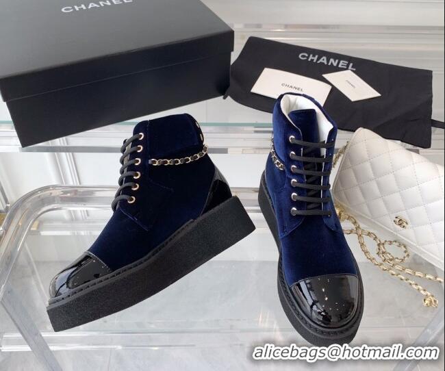 Good Looking Chanel Velvet Platform Lace-ups G39332 Blue