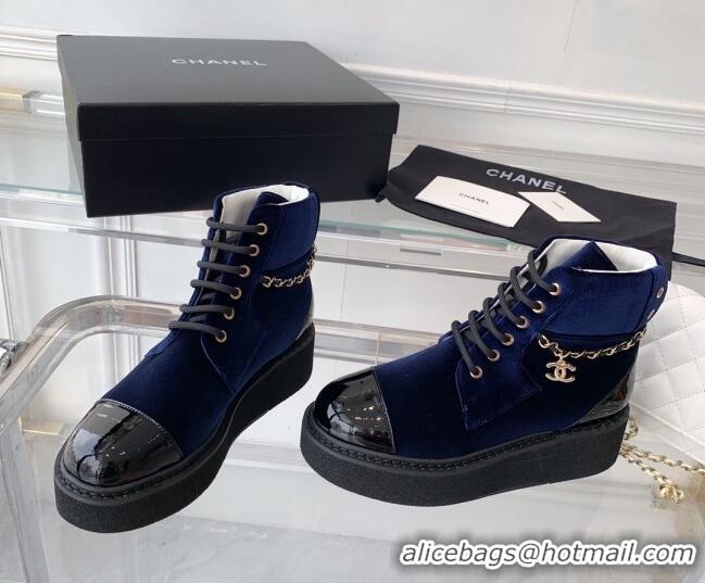 Good Looking Chanel Velvet Platform Lace-ups G39332 Blue