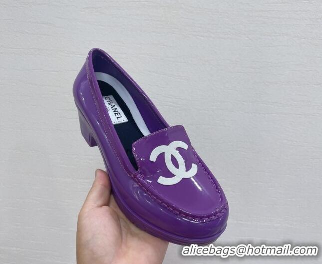 Low Cost Chanel CC Patent Leather Loafers Purple 092121