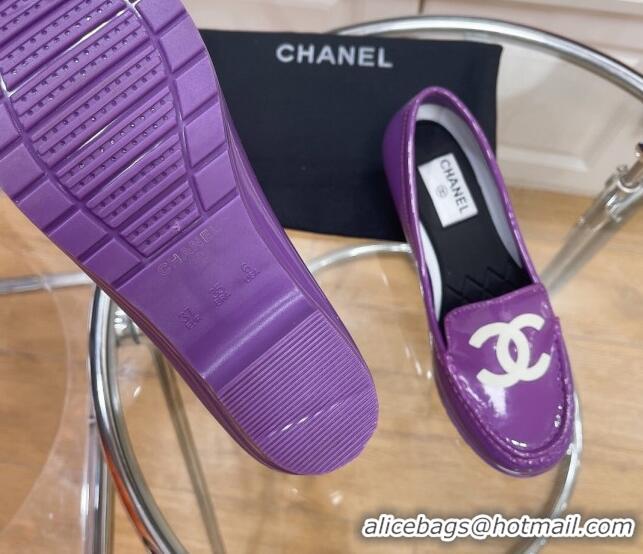 Low Cost Chanel CC Patent Leather Loafers Purple 092121