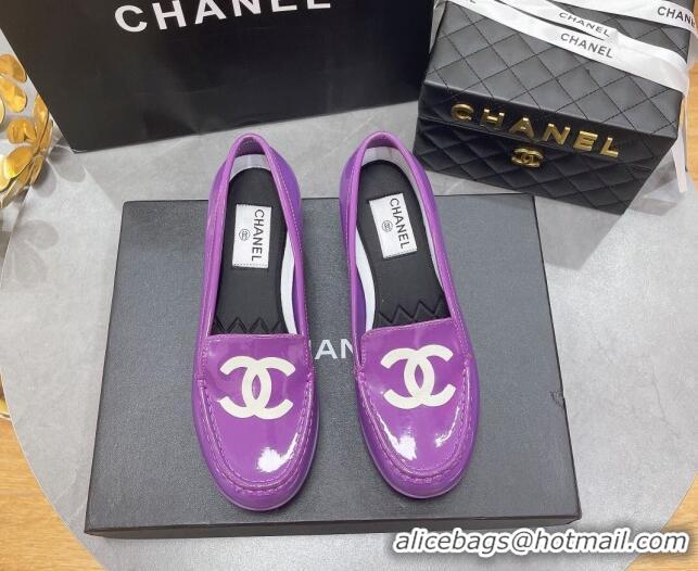 Low Cost Chanel CC Patent Leather Loafers Purple 092121