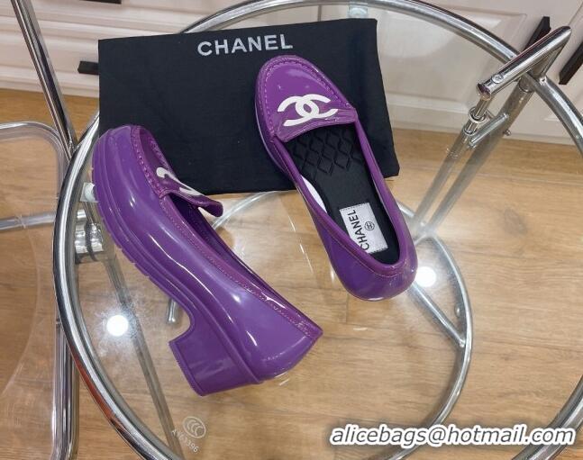 Low Cost Chanel CC Patent Leather Loafers Purple 092121