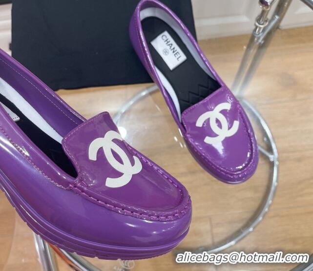 Low Cost Chanel CC Patent Leather Loafers Purple 092121