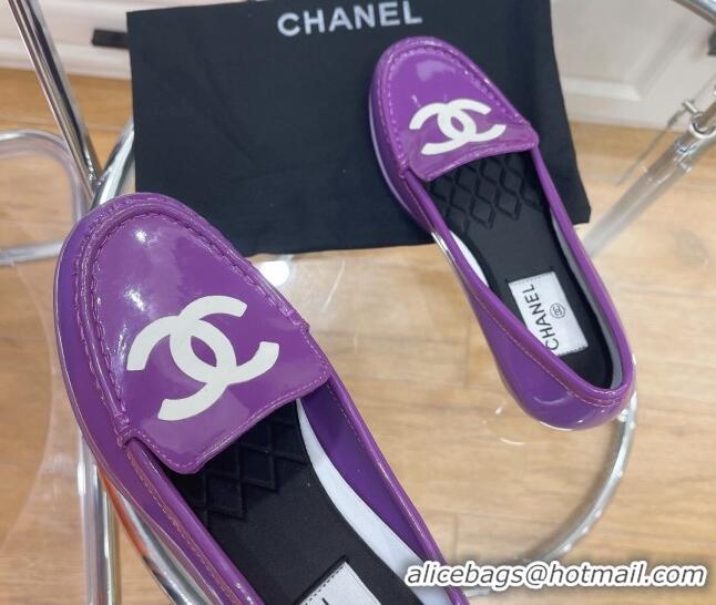 Low Cost Chanel CC Patent Leather Loafers Purple 092121