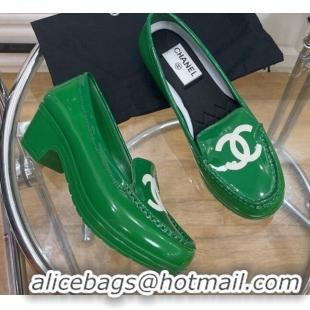 Comfortable Chanel CC Patent Leather Loafers Green 092122