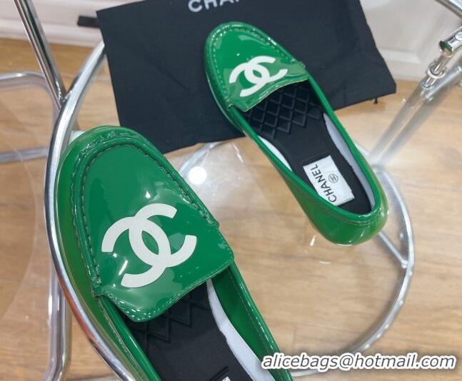 Comfortable Chanel CC Patent Leather Loafers Green 092122