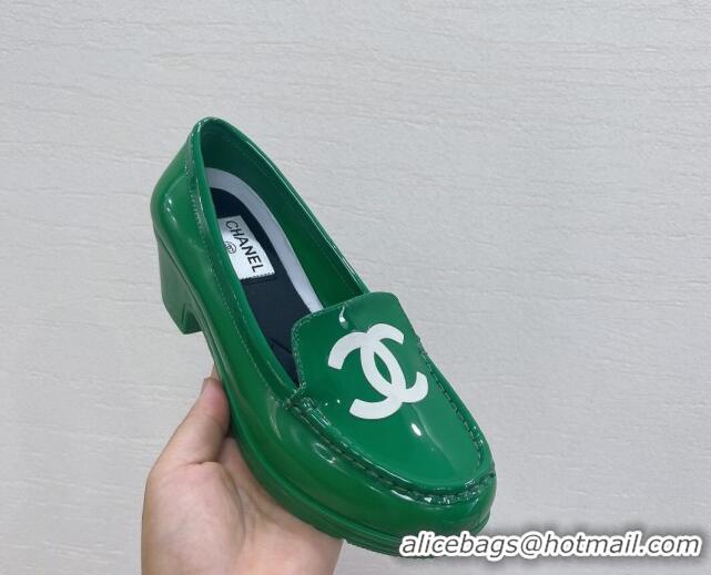 Comfortable Chanel CC Patent Leather Loafers Green 092122