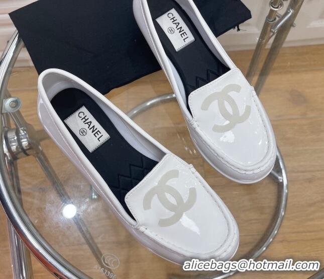 Duplicate Chanel CC Patent Leather Loafers White 092124