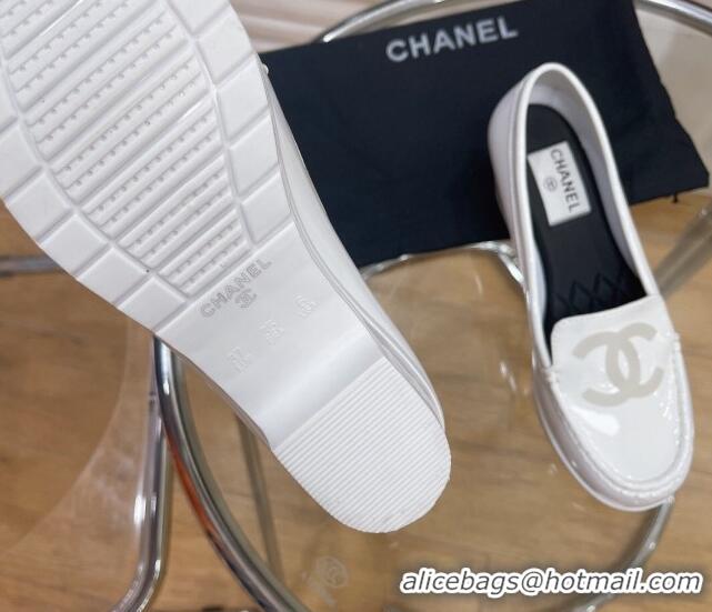 Duplicate Chanel CC Patent Leather Loafers White 092124