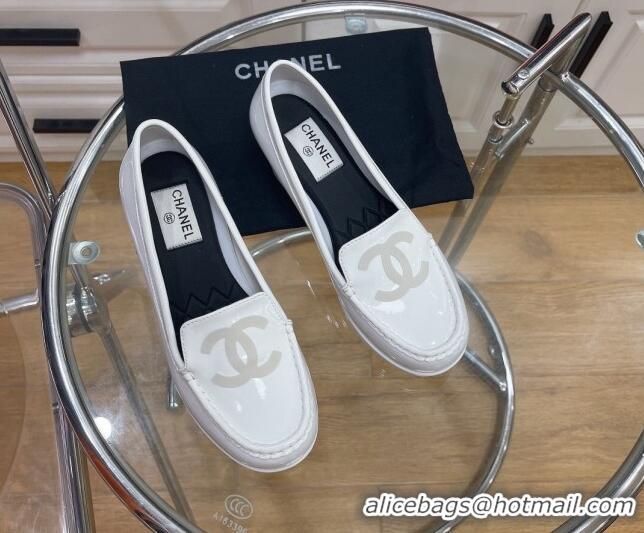 Duplicate Chanel CC Patent Leather Loafers White 092124