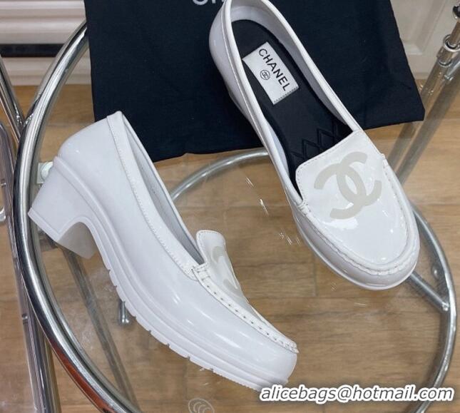 Duplicate Chanel CC Patent Leather Loafers White 092124