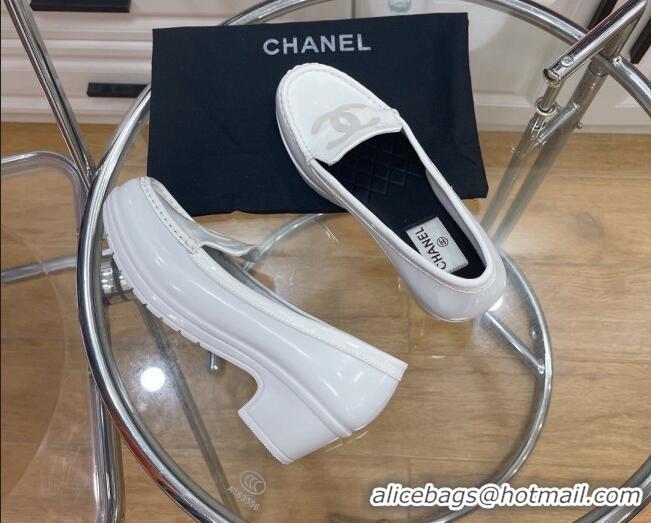 Duplicate Chanel CC Patent Leather Loafers White 092124