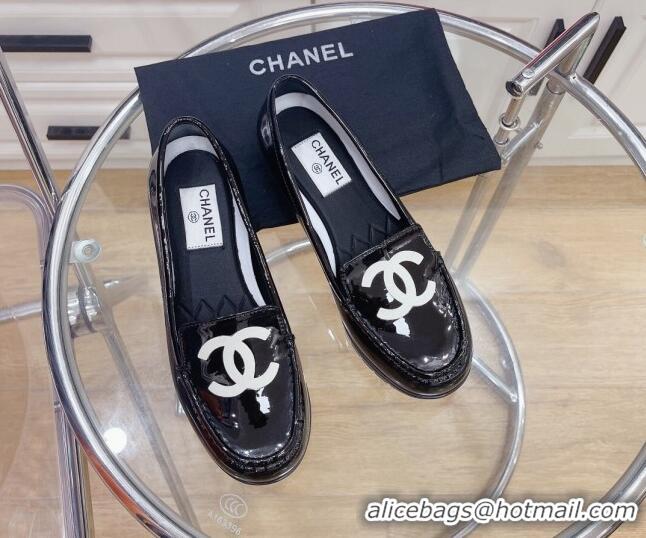 Good Quality Chanel CC Patent Leather Loafers Black 092125