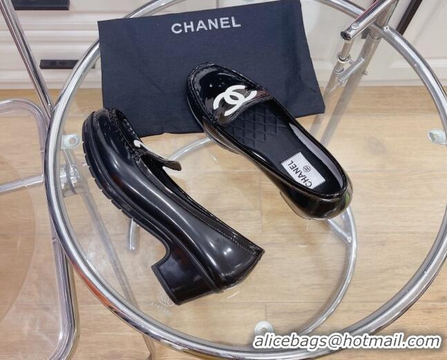 Good Quality Chanel CC Patent Leather Loafers Black 092125