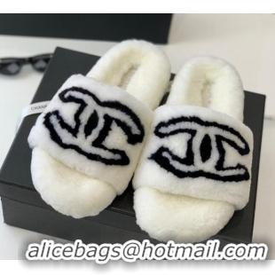 Low Price Chanel Shearling Flat Slide Sandals White 092127