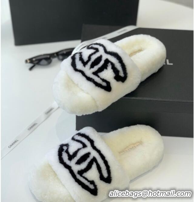 Low Price Chanel Shearling Flat Slide Sandals White 092127