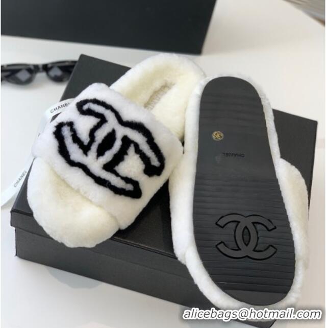 Low Price Chanel Shearling Flat Slide Sandals White 092127