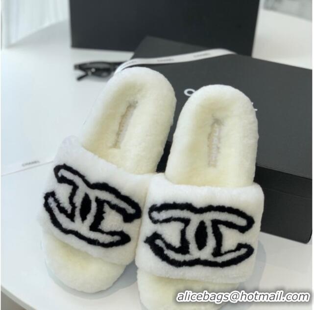 Low Price Chanel Shearling Flat Slide Sandals White 092127