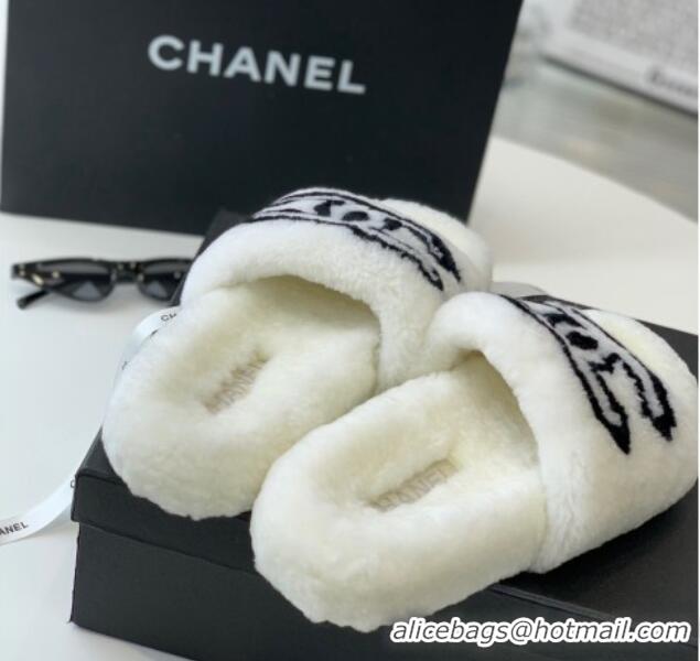 Low Price Chanel Shearling Flat Slide Sandals White 092127