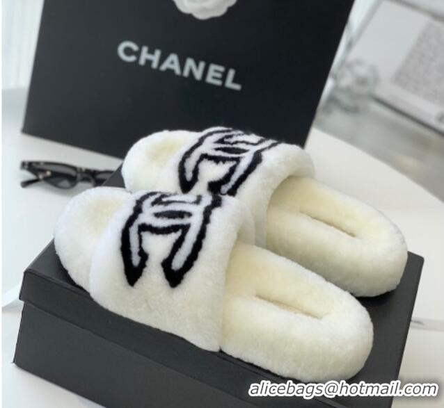 Low Price Chanel Shearling Flat Slide Sandals White 092127