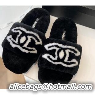 Stylish Chanel Shearling Flat Slide Sandals Black 092128