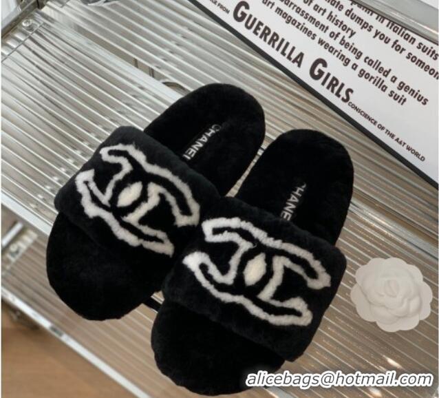 Stylish Chanel Shearling Flat Slide Sandals Black 092128