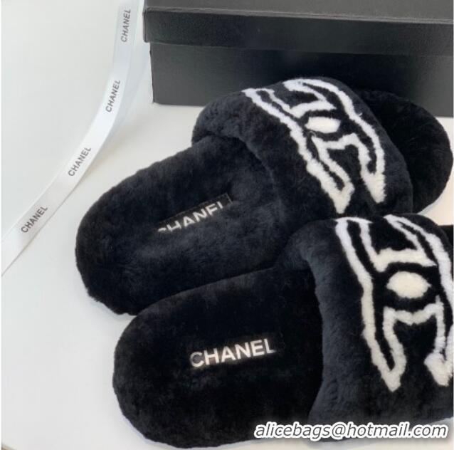 Stylish Chanel Shearling Flat Slide Sandals Black 092128