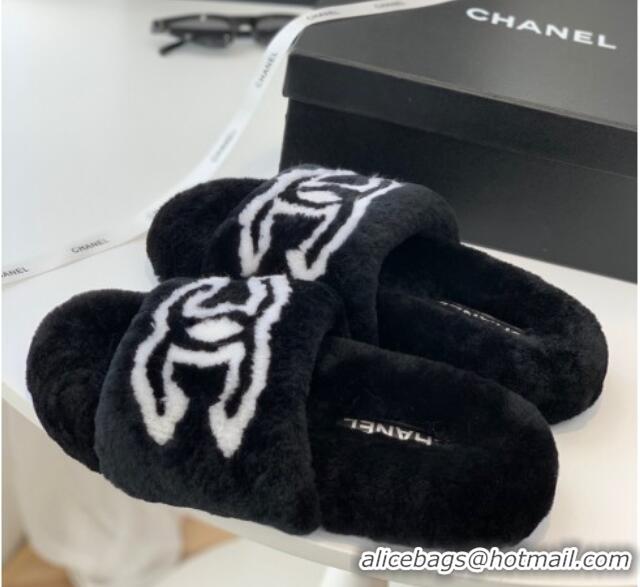 Stylish Chanel Shearling Flat Slide Sandals Black 092128