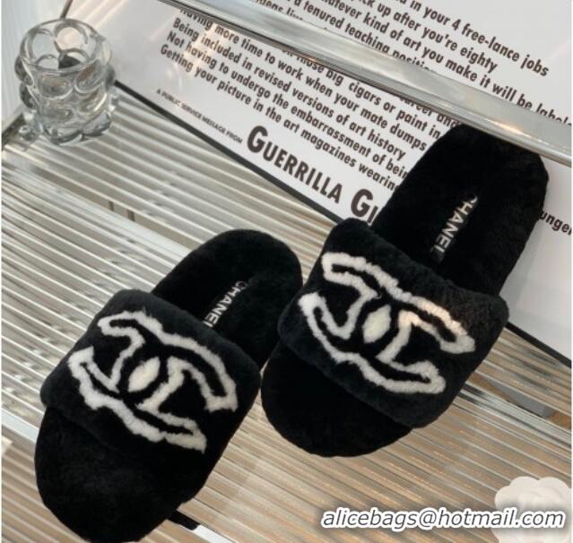 Stylish Chanel Shearling Flat Slide Sandals Black 092128