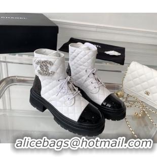 1:1 aaaaa Chanel Quilted Calfskin Ankle Boots with Crystal CC White 092129