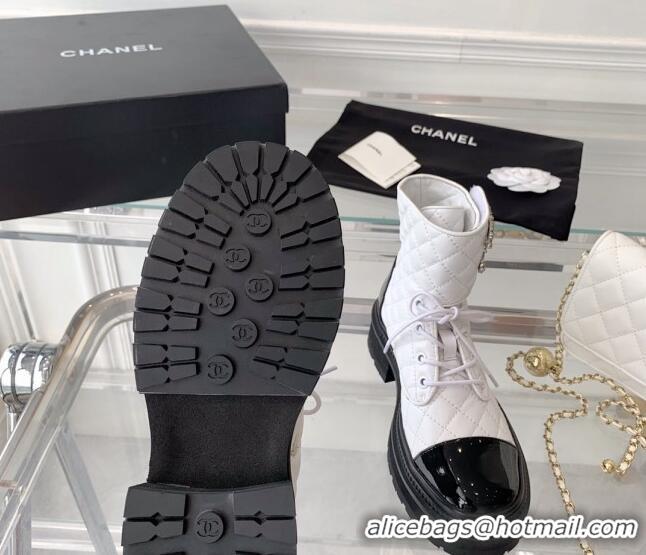 1:1 aaaaa Chanel Quilted Calfskin Ankle Boots with Crystal CC White 092129