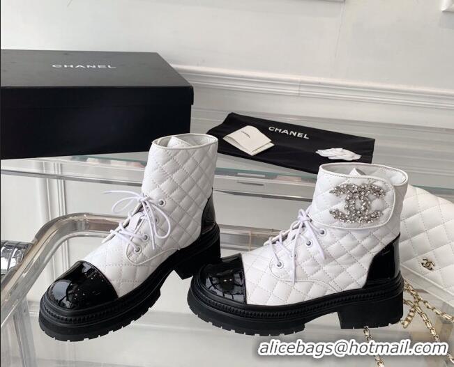 1:1 aaaaa Chanel Quilted Calfskin Ankle Boots with Crystal CC White 092129