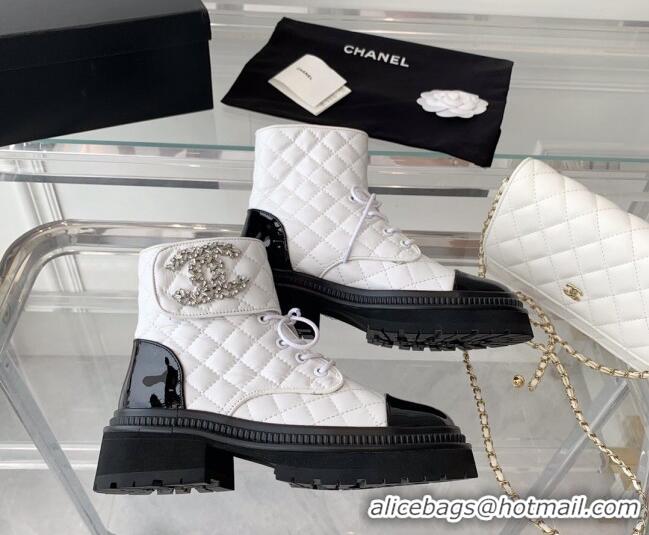 1:1 aaaaa Chanel Quilted Calfskin Ankle Boots with Crystal CC White 092129