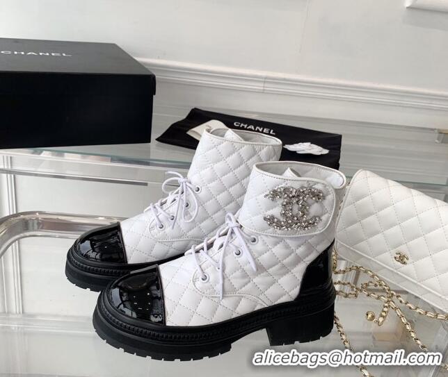 1:1 aaaaa Chanel Quilted Calfskin Ankle Boots with Crystal CC White 092129