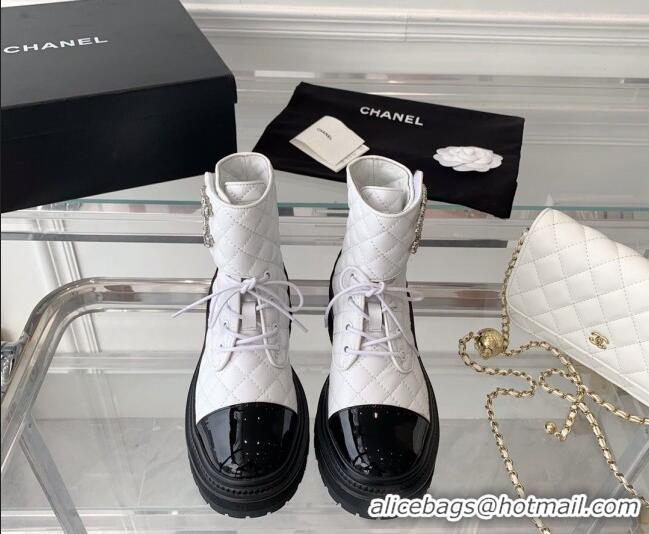 1:1 aaaaa Chanel Quilted Calfskin Ankle Boots with Crystal CC White 092129