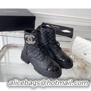 Discount Chanel Quilted Calfskin Ankle Boots with Crystal CC Black 092130