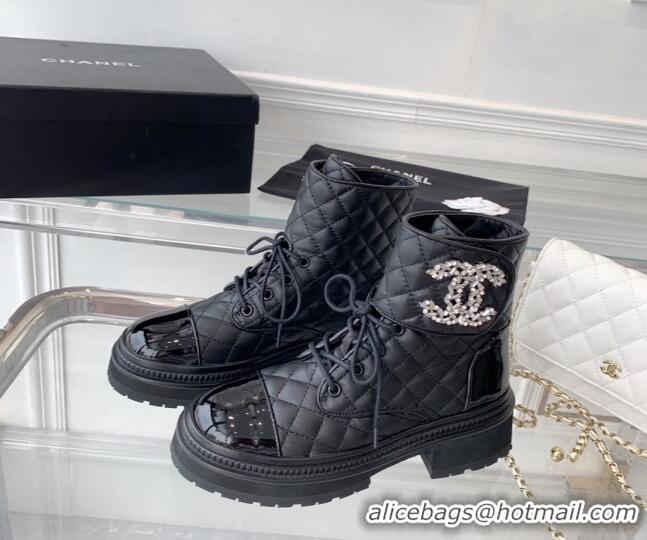 Discount Chanel Quilted Calfskin Ankle Boots with Crystal CC Black 092130