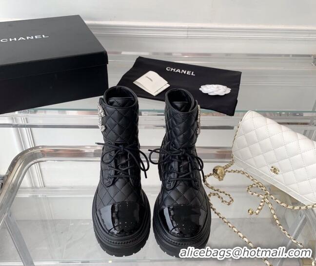 Discount Chanel Quilted Calfskin Ankle Boots with Crystal CC Black 092130